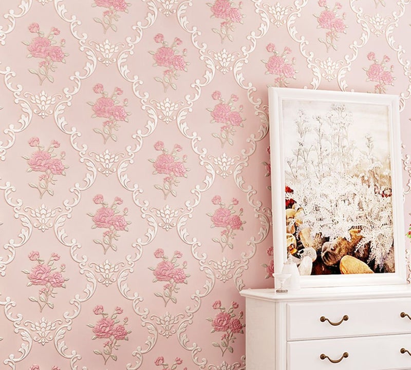 GLOW4U Embossed Rose Floral Contact Paper Self Adhesive Non-Woven Wallpaper Peel and Stick Wall Decor for Girls Living Room Bedroom Kitchen Bathroom Wall (Pink, 20.83" x 117") - Image 3